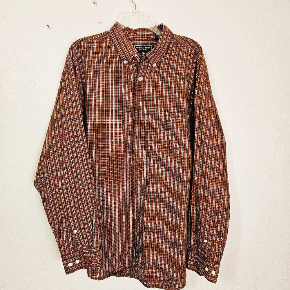 American Eagle Outfitters Men's Casual Burgundy Check Long Sleeve Shirt Size XL
